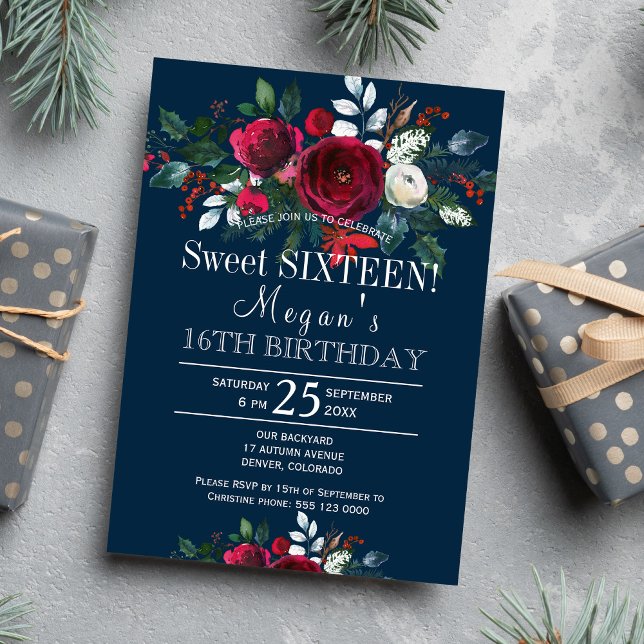 Invitation Sweet sixteen floral hivernal de la marine bordeau (Créateur téléchargé)