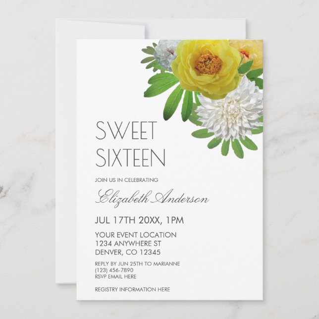 Invitation Sweet sixteen floral jaune et blanc (Devant)