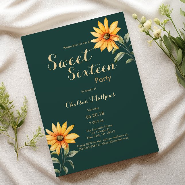 Invitation Sweet sixteen floral or vert orange (Orange green gold sunflower floral Sweet Sixteen)