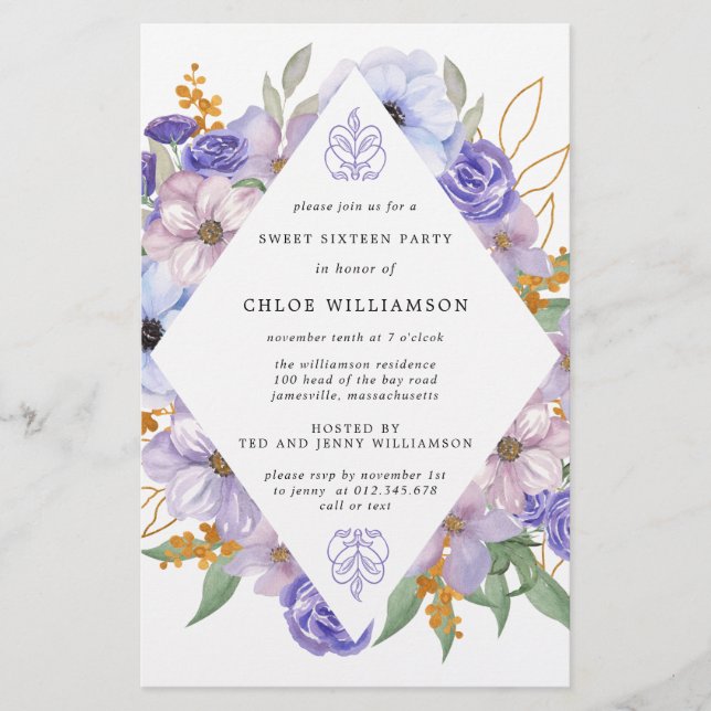 Invitation Sweet sixteen Floral Purple Or Budget (Devant)