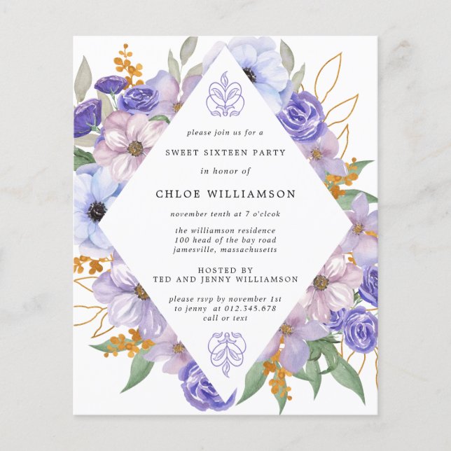 Invitation Sweet sixteen Floral Purple Or Budget (Devant)