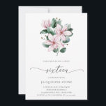 Invitation Sweet sixteen Floral rose Magnolia<br><div class="desc">Elégante invitation au Sweet sixteen floral avec un bouquet de fleurs de magnolia rose aquarelle et feuilles d'eucalyptus avec "Sixteen" dans un script délicat. L'arrière est une teinte de rose qui se coordonne. Une belle invitation Sweet 16 qui est parfait pour une fête de printemps ou d'été.</div>