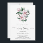Invitation Sweet sixteen Floral rose Magnolia<br><div class="desc">Elégante invitation au Sweet sixteen floral avec un bouquet de fleurs de magnolia rose aquarelle et feuilles d'eucalyptus avec "Sixteen" dans un script délicat. L'arrière est une teinte de rose qui se coordonne. Une belle invitation Sweet 16 qui est parfait pour une fête de printemps ou d'été.</div>