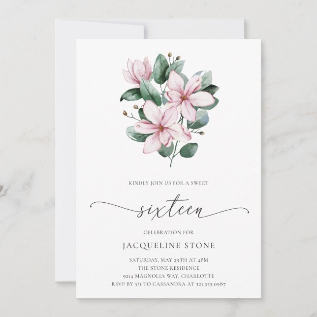 Invitation Sweet sixteen Floral rose Magnolia (Devant)
