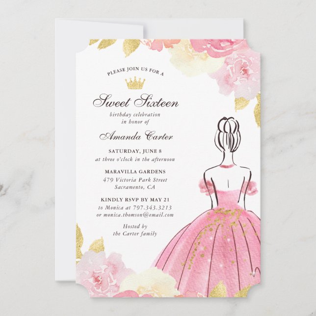 Invitation Sweet sixteen floral rose pâle (Devant)