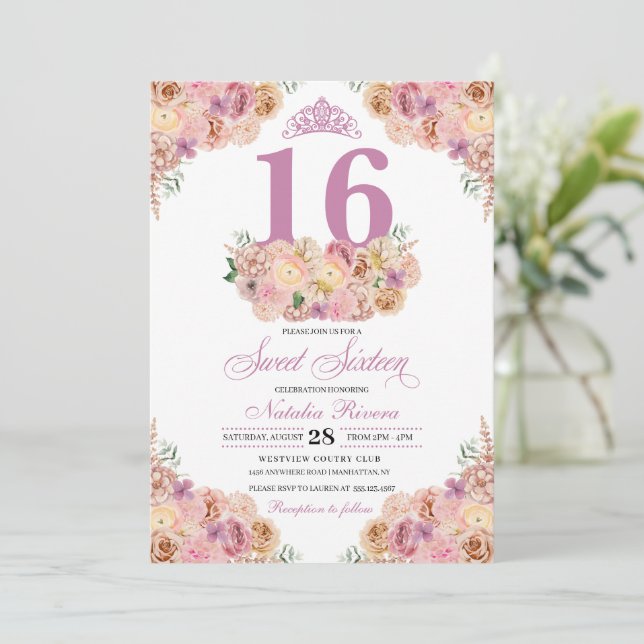 Invitation Sweet sixteen floral rose pâle Anniversaire Inv (Debout devant)