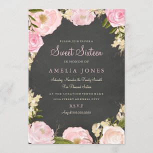 Invitation Sweet sixteen Floral Rose Wreath Chalkboard Invita