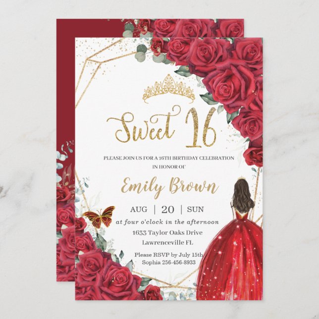 Invitation Sweet sixteen floral rouge Anniversaire Princesse  (Devant / Derrière)
