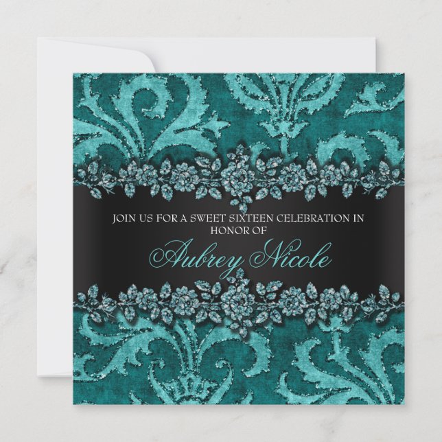 Invitation Sweet sixteen floral turquoise de parties (Devant)