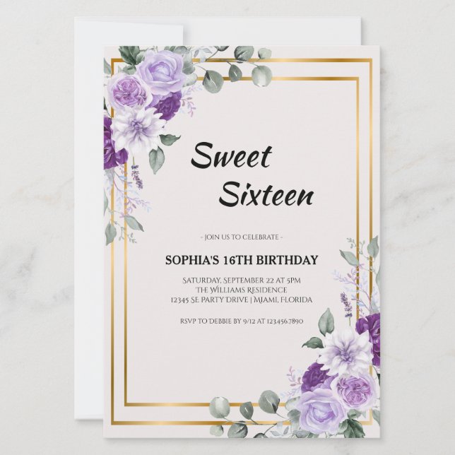 Invitation Sweet sixteen Floral violet avec cadre Or (Devant)