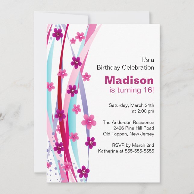 Invitation sweet sixteen Foral Ribbons Anniversaire Invitatio (Devant)