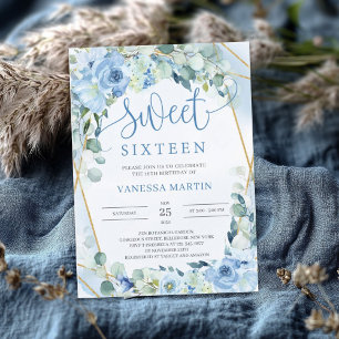 Invitation Sweet sixteen géométrique bleu-bleu-or