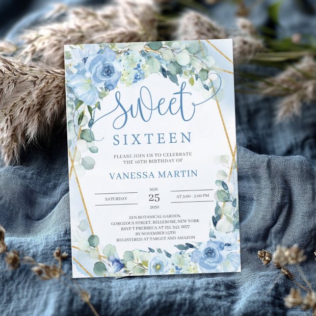 Invitation Sweet sixteen géométrique bleu-bleu-or (Dusty Blue Floral Gold Geometric Sweet Sixteen Invitation)