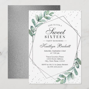 Invitation Sweet sixteen géométrique d'argent Eucalyptus