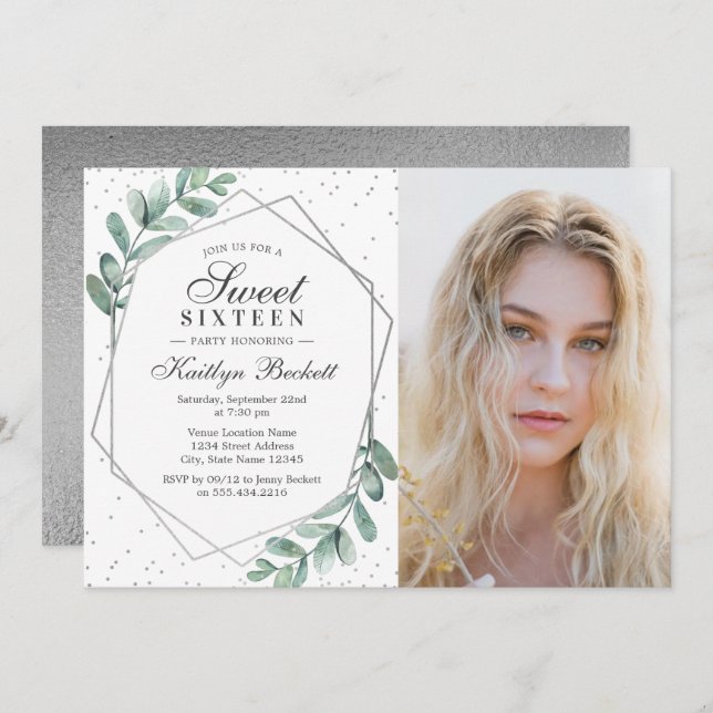 Invitation Sweet sixteen géométrique Eucalyptus Silver (Devant / Derrière)