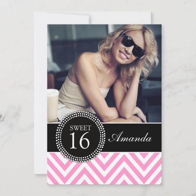 INVITATION SWEET SIXTEEN GIRLY PINK CHEVRON MOTIF (Devant)