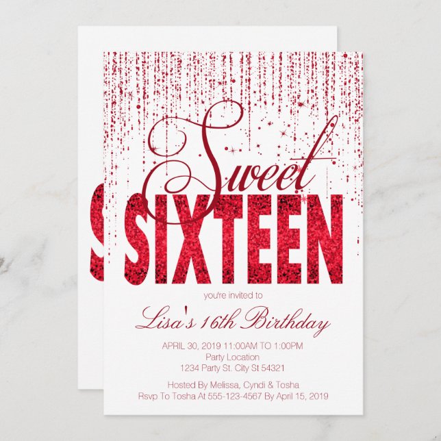 Invitation Sweet sixteen, Glam Red Parties scintillant Invita (Devant / Derrière)