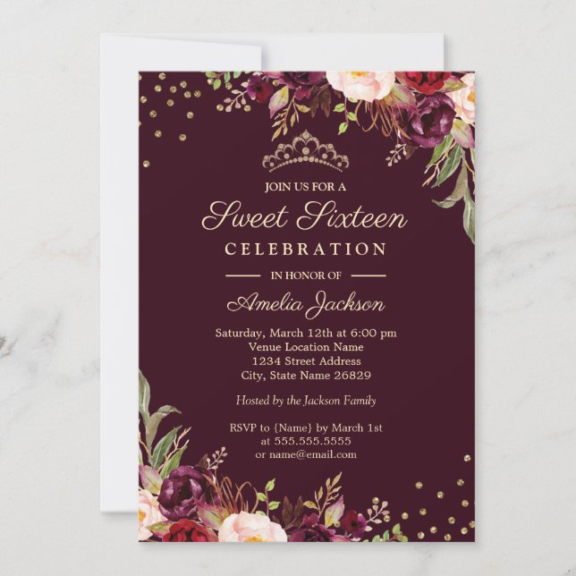 Invitation Sweet sixteen Gold Bourgogne floral Éperche (Devant)