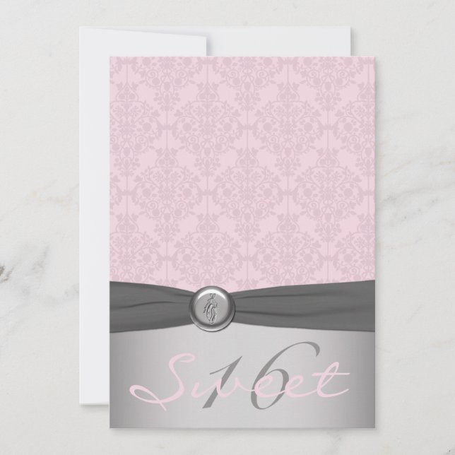 Invitation Sweet sixteen gris et rose de ballerine de damassé (Devant)