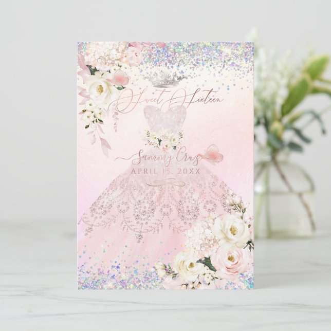 Invitation Sweet sixteen Holographique Dream Robe rose (Debout devant)