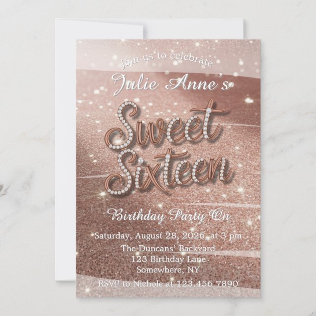 Invitation Sweet Sixteen In Rose Gold and Pearls Birthday (Devant)