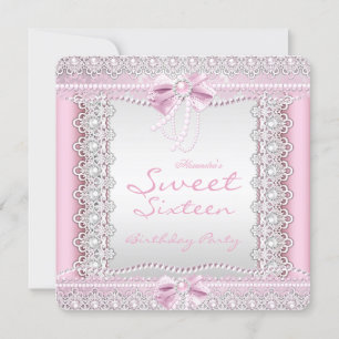 Invitation Sweet sixteen Jolie perles blanches roses Lace Bow