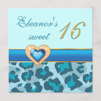 Invitation Sweet sixteen leopard bleu joyau coeur anniversair
