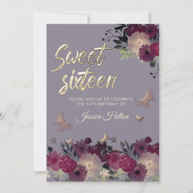 Invitation Sweet sixteen lilas du jardin fleuri papillon (Devant)