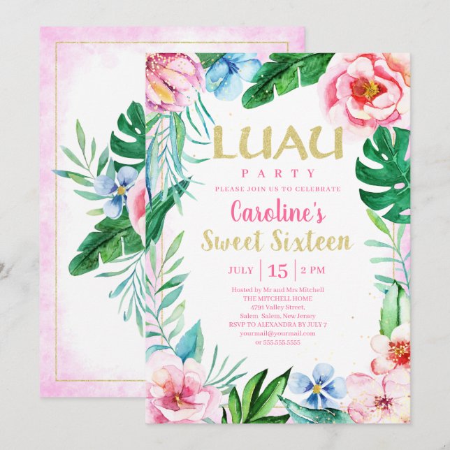 Invitation Sweet sixteen Luau Tropical Floral Pink Hawaiian (Devant / Derrière)