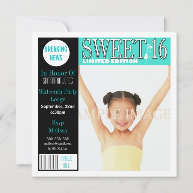 Invitation Sweet sixteen magazine aqua PERSONNALISER (Devant)