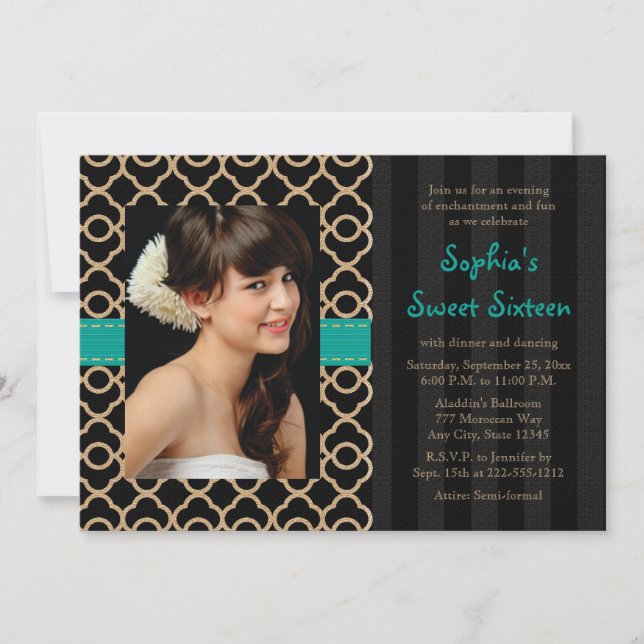 Invitation Sweet sixteen marocain Turquoise et or (Devant)