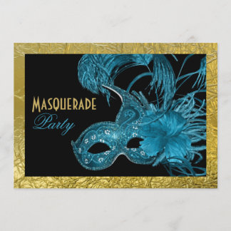 Invitation Sweet sixteen mascarade bleu, feuille d'or