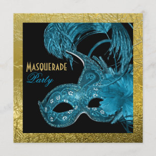 Invitation Sweet sixteen mascarade bleu, feuille d'or