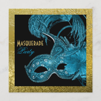 Invitation Sweet sixteen mascarade bleu, feuille d'or