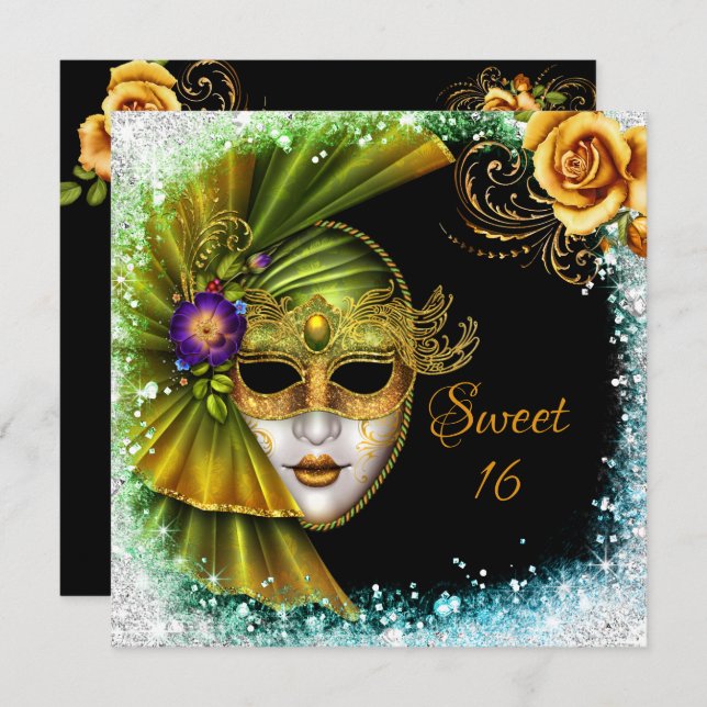 Invitation Sweet sixteen Mascarade Mardi Gras Gold Green (Devant / Derrière)