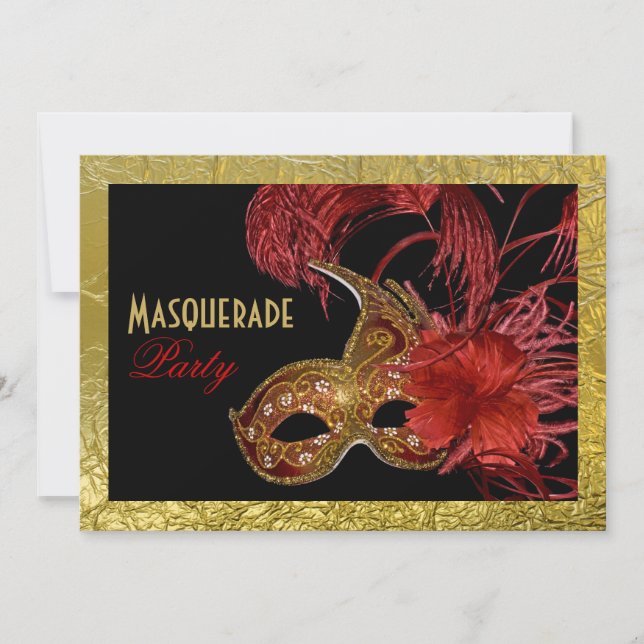 Invitation Sweet sixteen mascarade rouge, fausse feuille d'or (Devant)