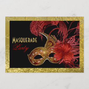 Invitation Sweet sixteen mascarade rouge, fausse feuille d'or