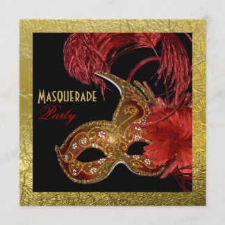 Invitation Sweet sixteen mascarade rouge, fausse feuille d'or