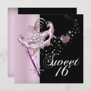 Invitation Sweet sixteen mascarade sucré 16 rose noir