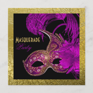 Invitation Sweet sixteen mascarade violet feuille d'or