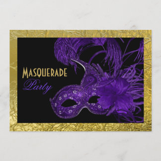 Invitation Sweet sixteen mascarade violet, feuille d'or