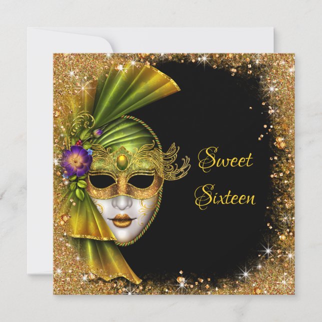 Invitation Sweet sixteen, Masquerade, Parties scintillant d'o (Devant)