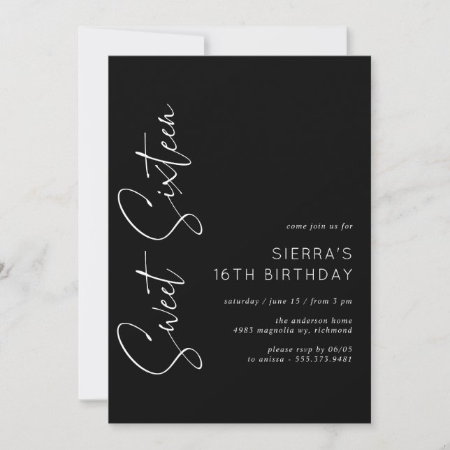 Invitation Sweet sixteen | Mini moderne Noir 16e anniversaire (Devant)