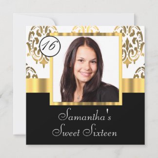 Invitation Sweet sixteen modèle photo damassé or
