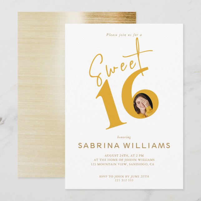 Invitation Sweet sixteen Moden Design Gold Script Anniversair (Devant / Derrière)