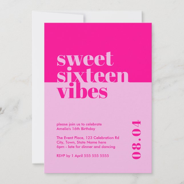 Invitation Sweet sixteen moderne gras Vibes rose Anniversaire (Devant)
