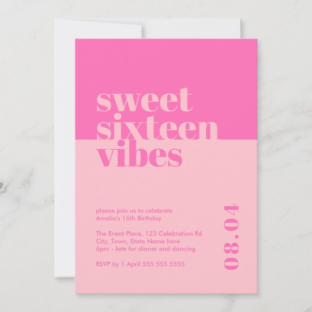 Invitation Sweet sixteen moderne gras Vibes rose Anniversaire (Devant)