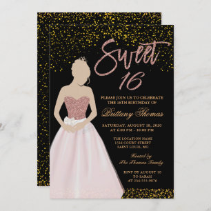 Invitation Sweet sixteen moderne noir et or 16 Anniversaire