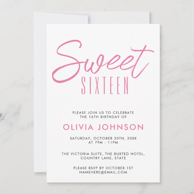 Invitation Sweet sixteen moderne rose & blanc (Devant)
