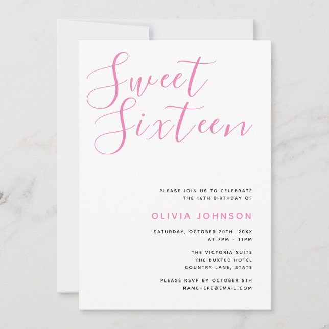Invitation Sweet sixteen moderne rose et blanc Anniversaire (Devant)